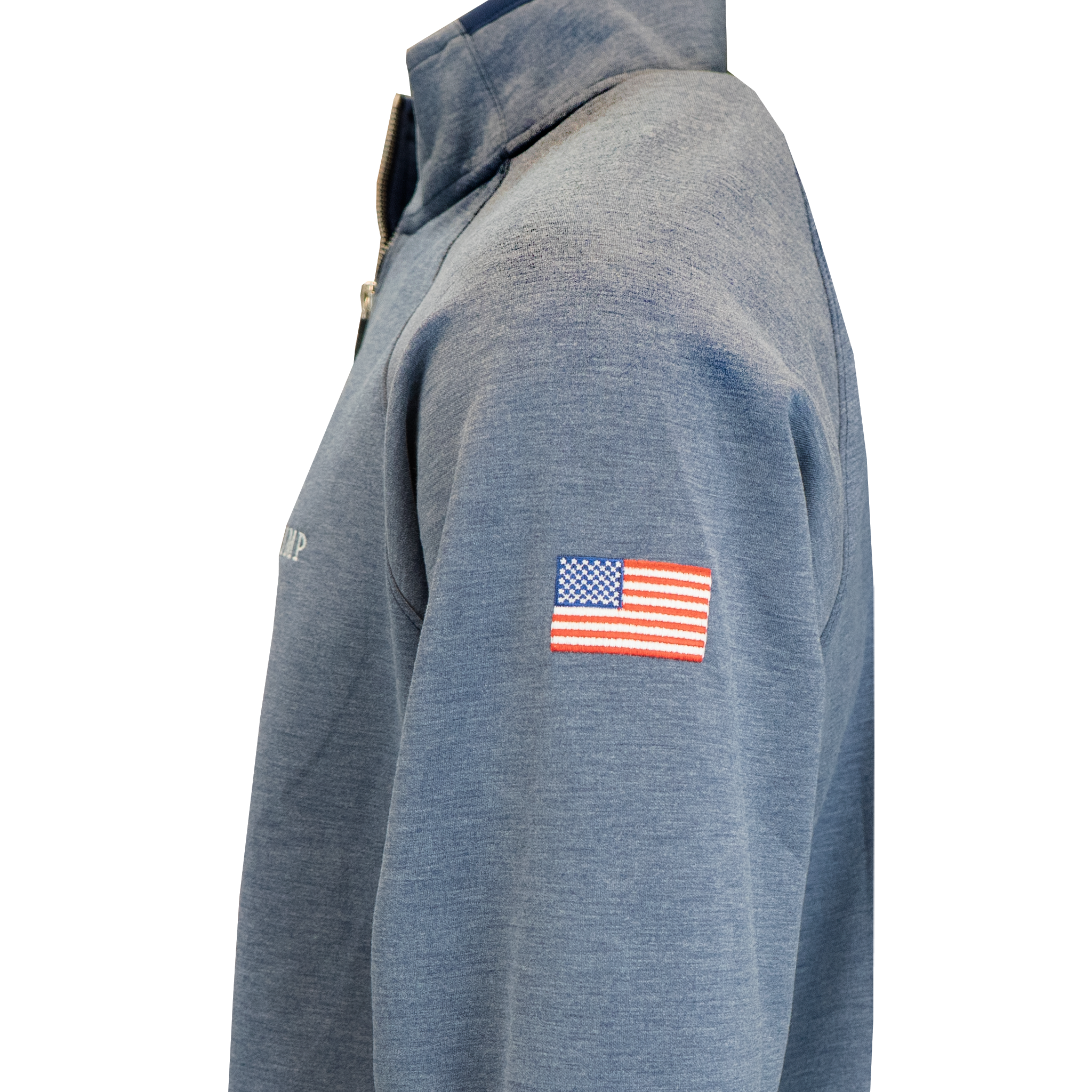 PO 1028 SKU 60010191 SIDE Trump Valley 1/4 Zip in the color marine with the american flag patch on the left sleeve