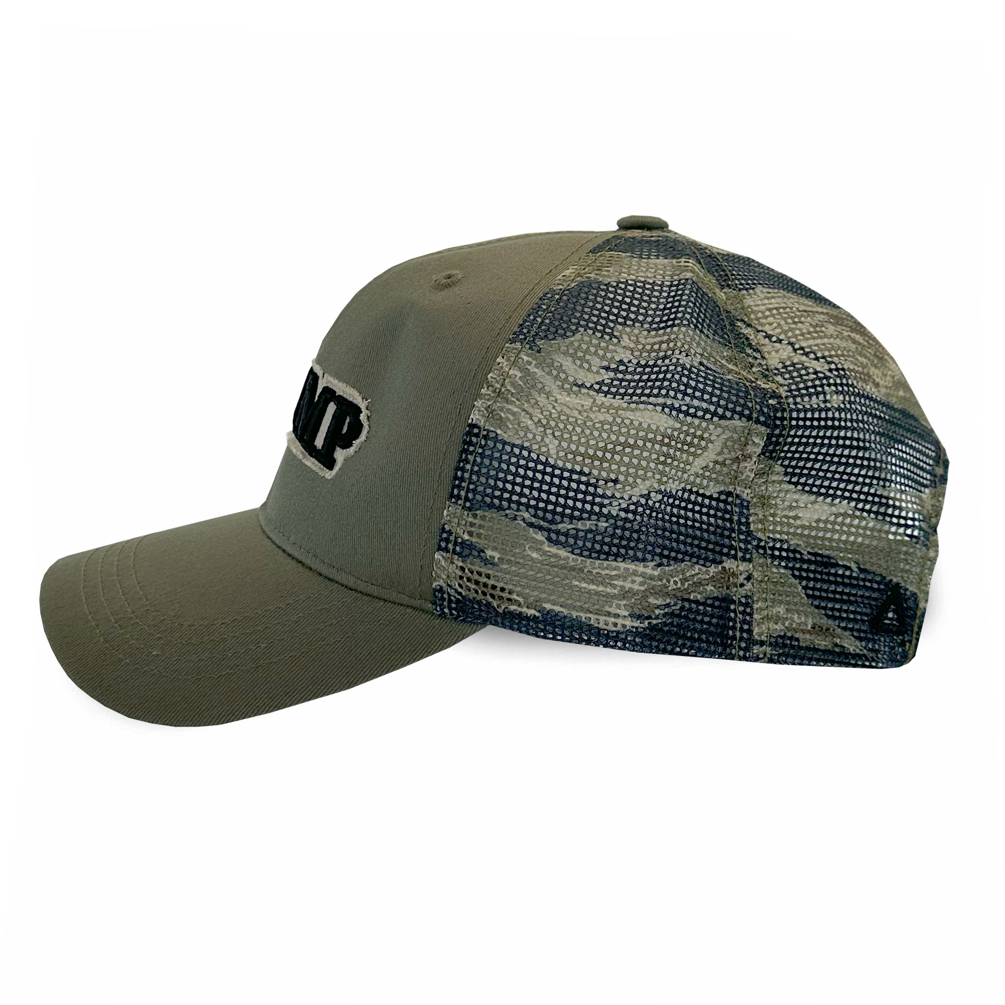 Mesh Back Tiger Camo Twill Raised olive side (1) Worn Mesh Back Camo Hat