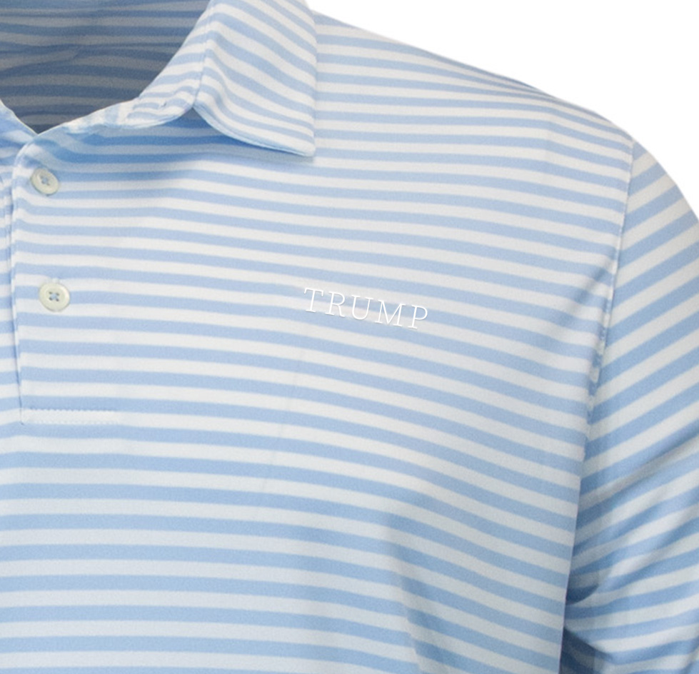 Close up of Trump Yarn-Dye Stripe Polo Trump Logo Close up of Trump Yarn-Dye Stripe Polo Trump Logo