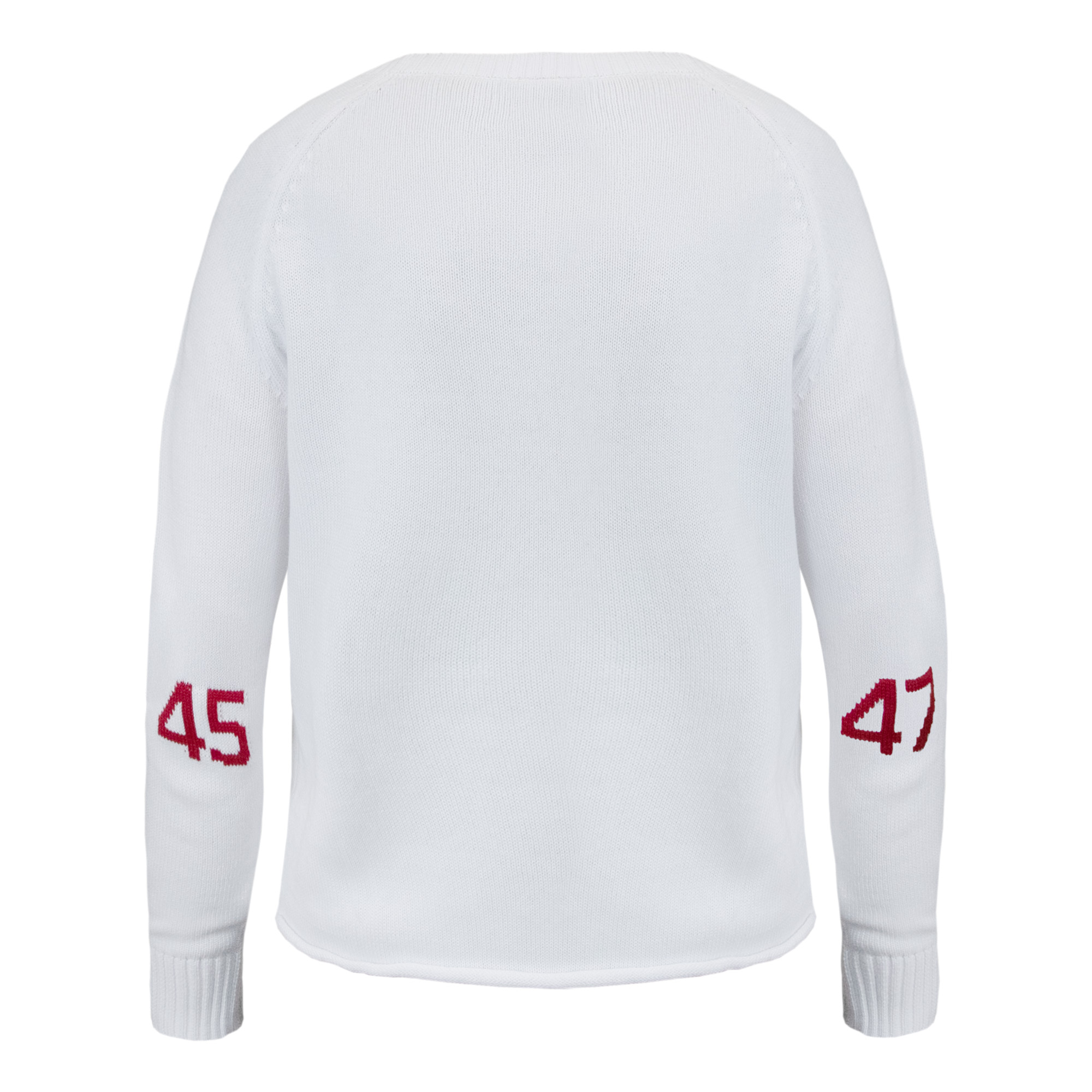 USA 45-47 Lightweight Sweater USA 45-47 Lightweight Sweater in white showing the back of the sweater with red 45 on the right sleeve and red 47 on the right sleeve.