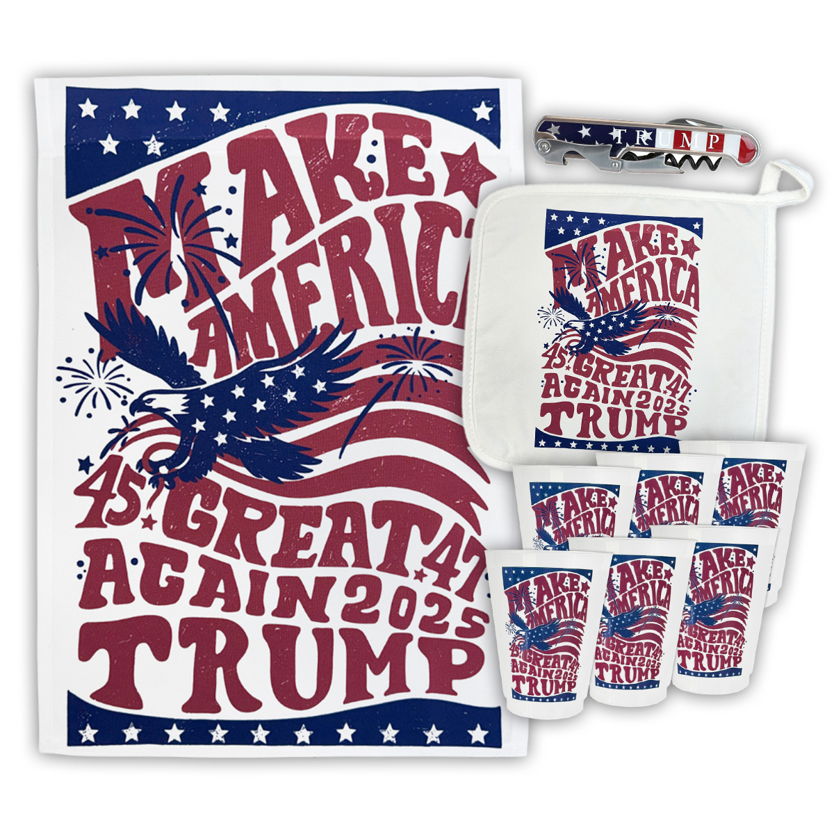 MAGA Outdoor Entertaining Kit MAGA Outdoor Entertaining Kit, featuring the MAGA Tea Towel, the MAGA pot holder, MAGA Stadium Cups (pack of 6), and the American Flag Corkscrew
