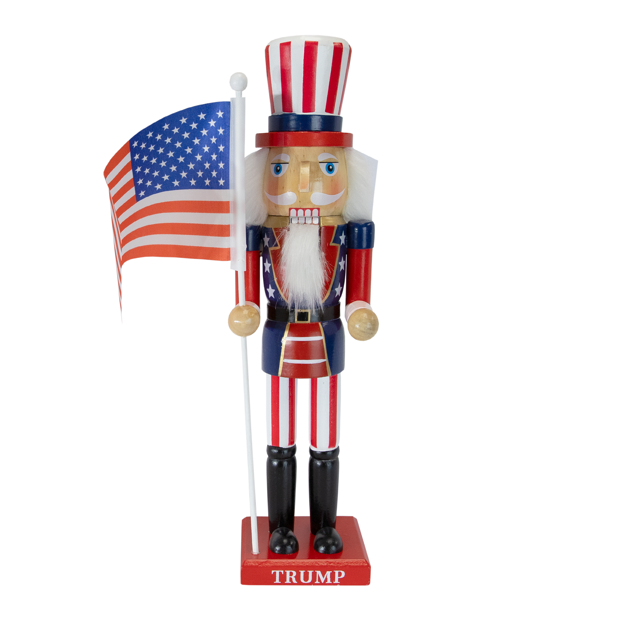 Patriotic Trump Nutcracker featuring a patriotic dressed nutcracker with a red striped top hat holding an American flag