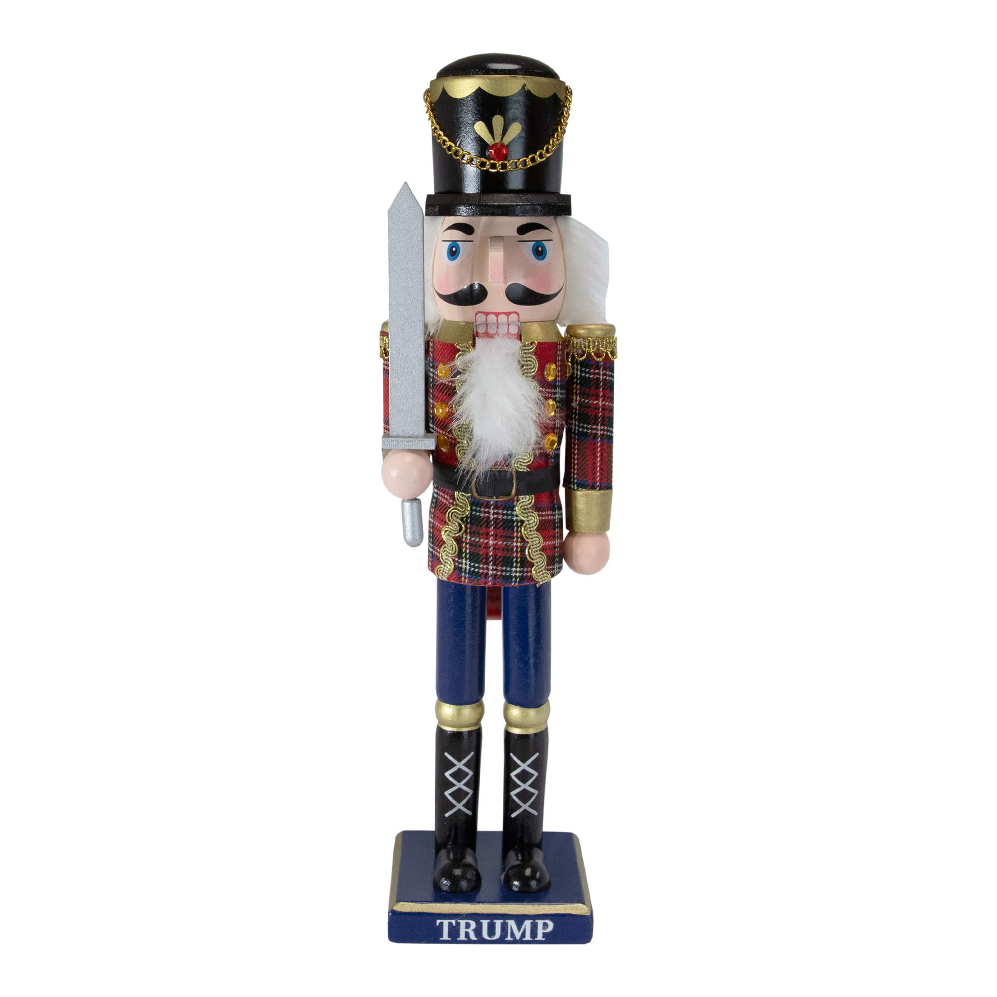 Trump Soldier Nutcracker Trump Soldier Nutcracker featuring a nutcracker in a red plaid jacket, a white beard, and a sword.