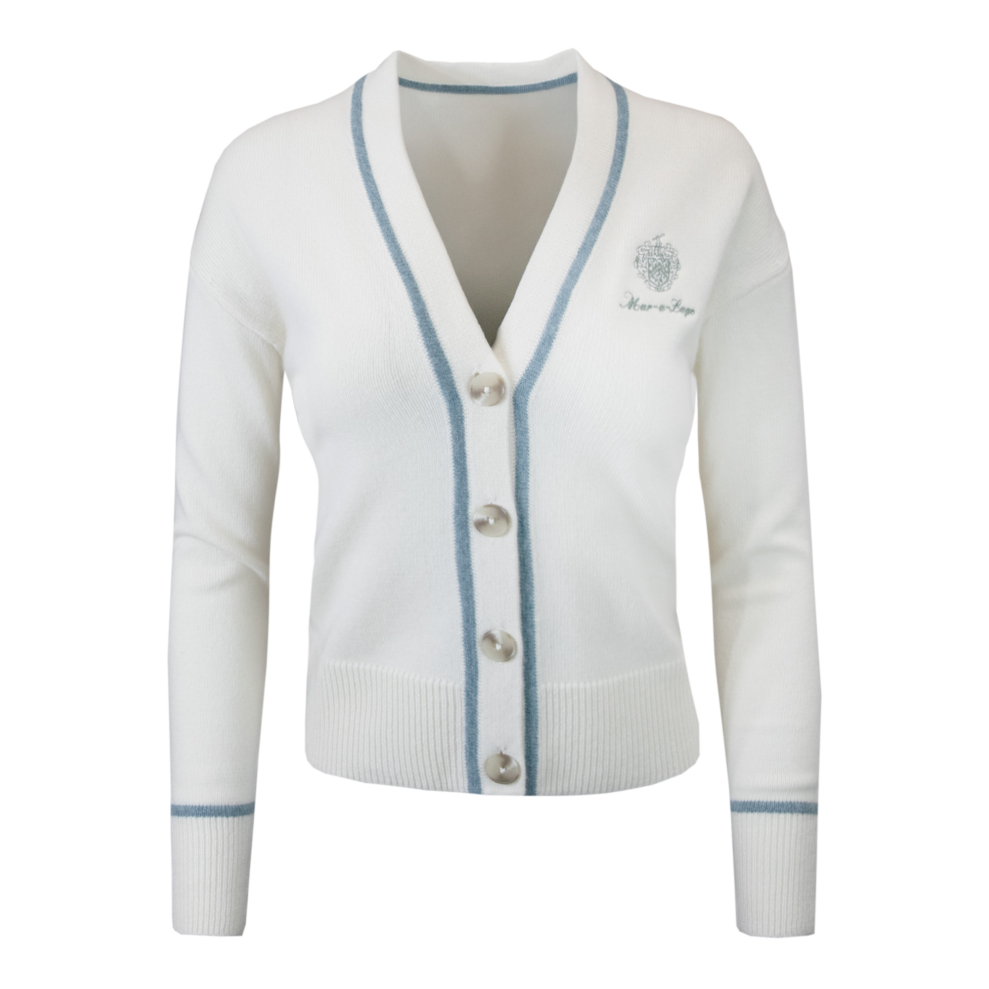 Copy of Thr Bear Cardigan sea salt_alpine Ladies Mar-a-Lago Cashmere Cardigan in the color sea salt and alpine