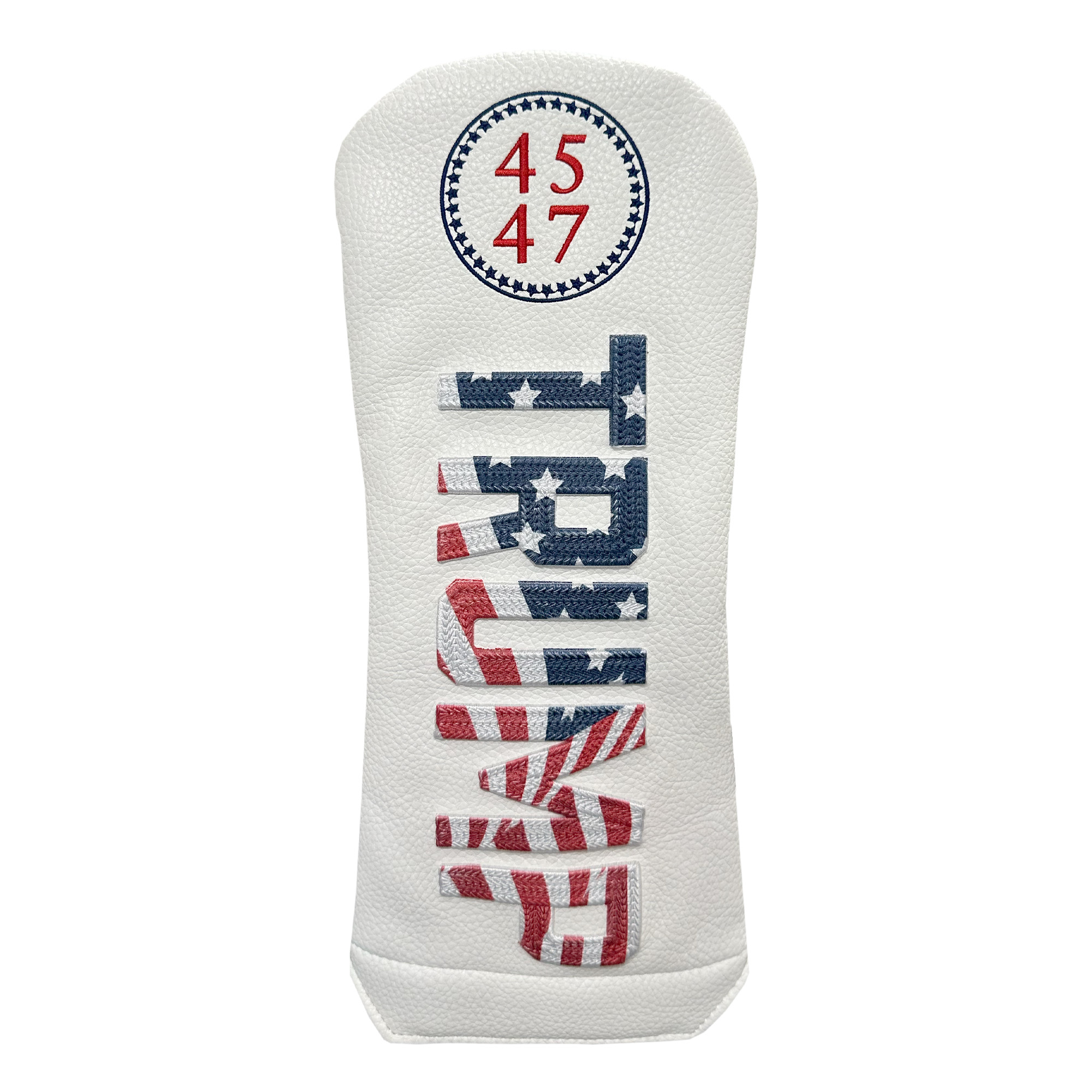 Trump Multi-Color Chainstitch Driver Headcover Trump Multi-Color Chainstitch Driver Headcover featuring the 45-47 logo in red and blue and the words 'Trump' stitched in large flag letters